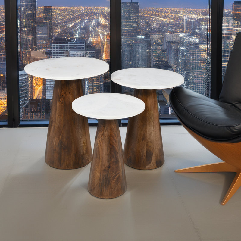 Topher Marble Top Three Pack Solid Wood Accent Table Set, Dark Brown