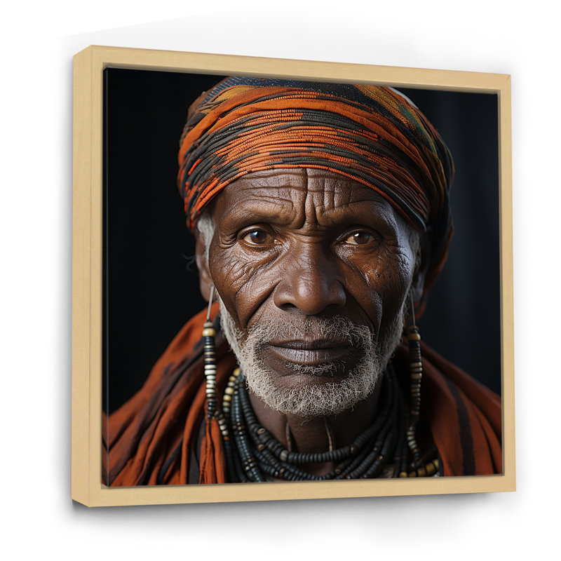 Portrait d'un chef tribal ébène sur toile, H 16 po x l 16 po x P 1 po, Cadre naturel flottant