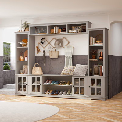 102" Wide Entryway Hall Tree With Multi Shelves And Glass Door Cabinets