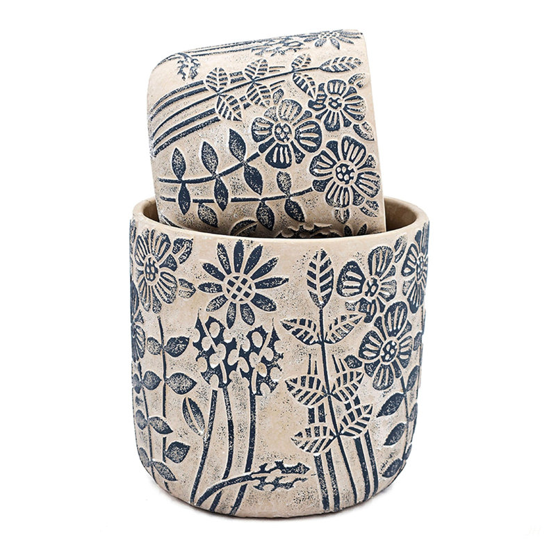S / 2 pots à sable et ciment gris avec motif floral bleu