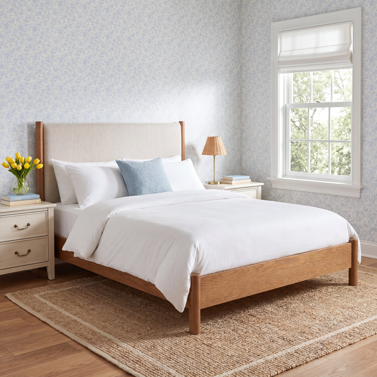 Linda Linen Upholstered Oak Bed, Queen, Essence Natural