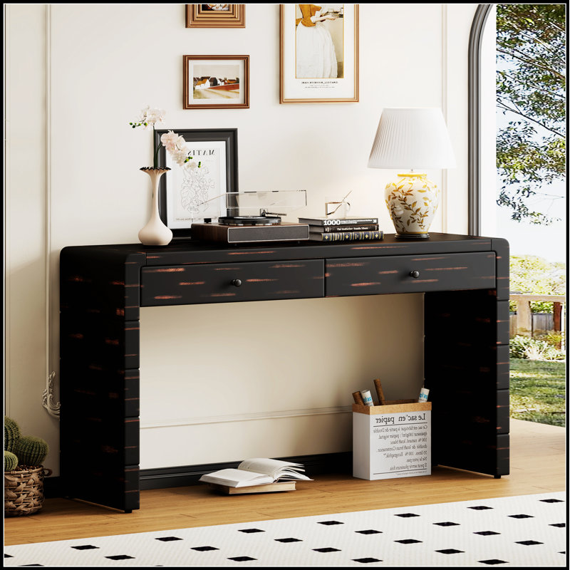 Curved Rustic Console Table with 2 Drawers, Wooden Entryway & Hallway Table with Storage for Living Room, Distressed Black Finish