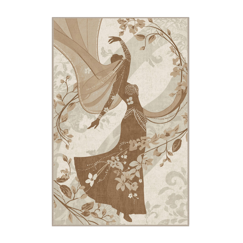 Machine Washable Oweda Belly Dancer Global Inspired Floral Rug in Beige – Beige Binding, 8x12