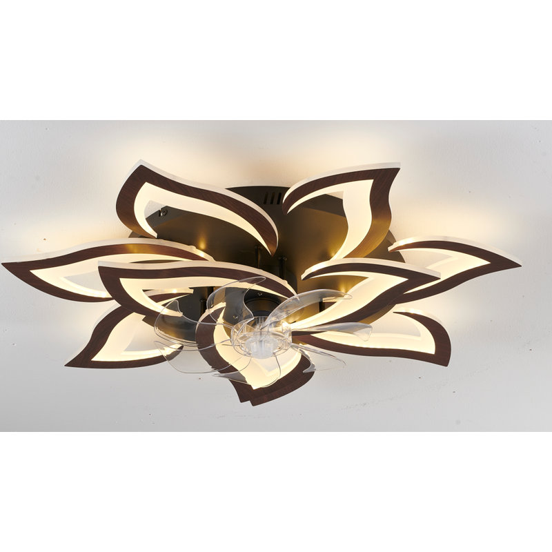 Ceiling Fan With Lights Remote Control, Wooden Geometric Color 6 Speeds Low Profile Flush Mount Ceiling Fan With Light For Kitchen Bedroom Living Room