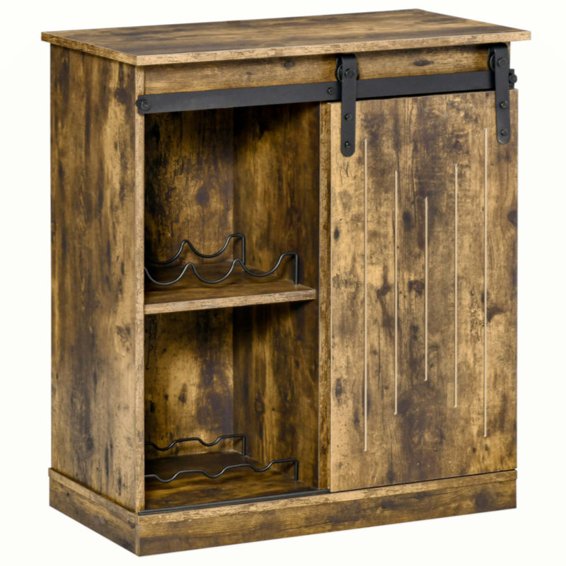 Industrial Wine Cabinet, Sideboard Storage Cabinet, Serving Bar Buffet With Sliding Barn Door And 6-Bottle Wine Rack, Brown
