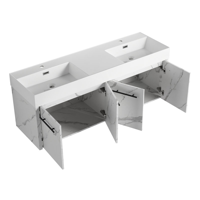 Meuble-lavabo mural 60 po avec lavabo double en résine épaisse, Blanc