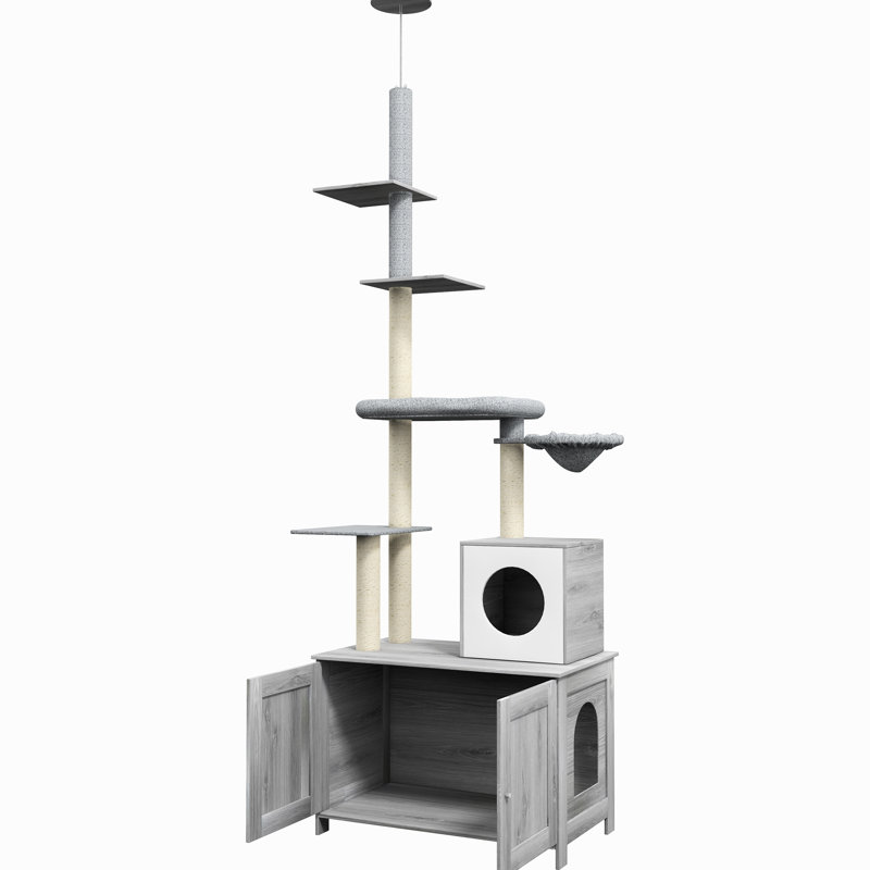 Arbre à chat 2 en 1 avec bac à litière - gris Confortable, lit, poteaux à griffer et plateformes pour chats d'intérieur. Multifonctionnel