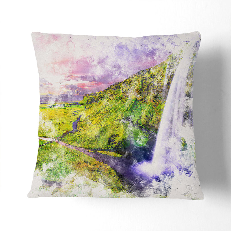 Seljalandsfoss Waterfall Iceland Cushion with Filling, 55cm H x 55cm W x 20cm D, Black