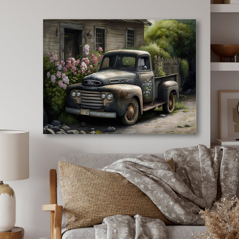 «Vintage Car at the Barn», impression sur toile, H 30 po x l 40 po x P 1,5 po, Toile tendue