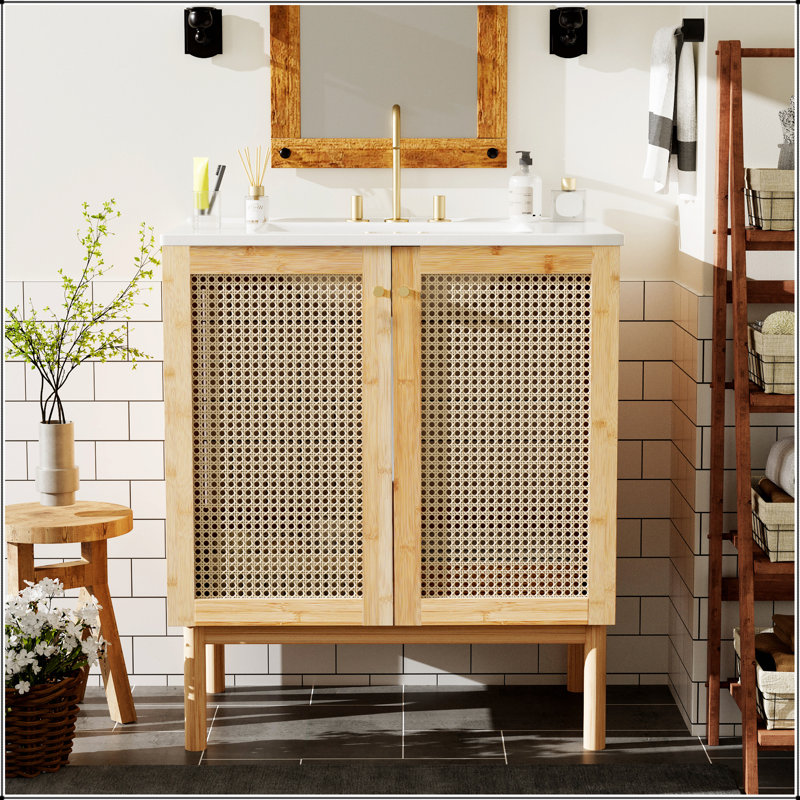 Meuble-lavabo en bambou naturel de 30 po avec portes en rotin tissé à la main et mécanismes de fermeture en douceur pour un rangement élégant