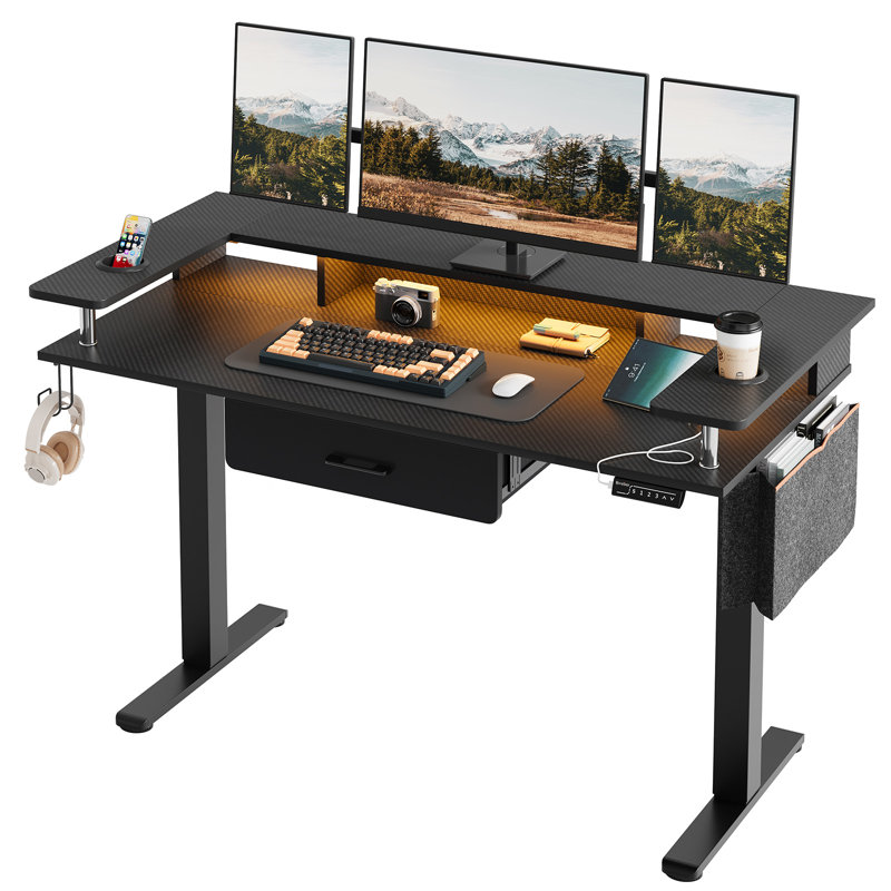 58 In. Rectangular LED Standing Desk With Monitor Stand , Office Desks with Ajustable Height ,Drawer and Cup Holders, Black