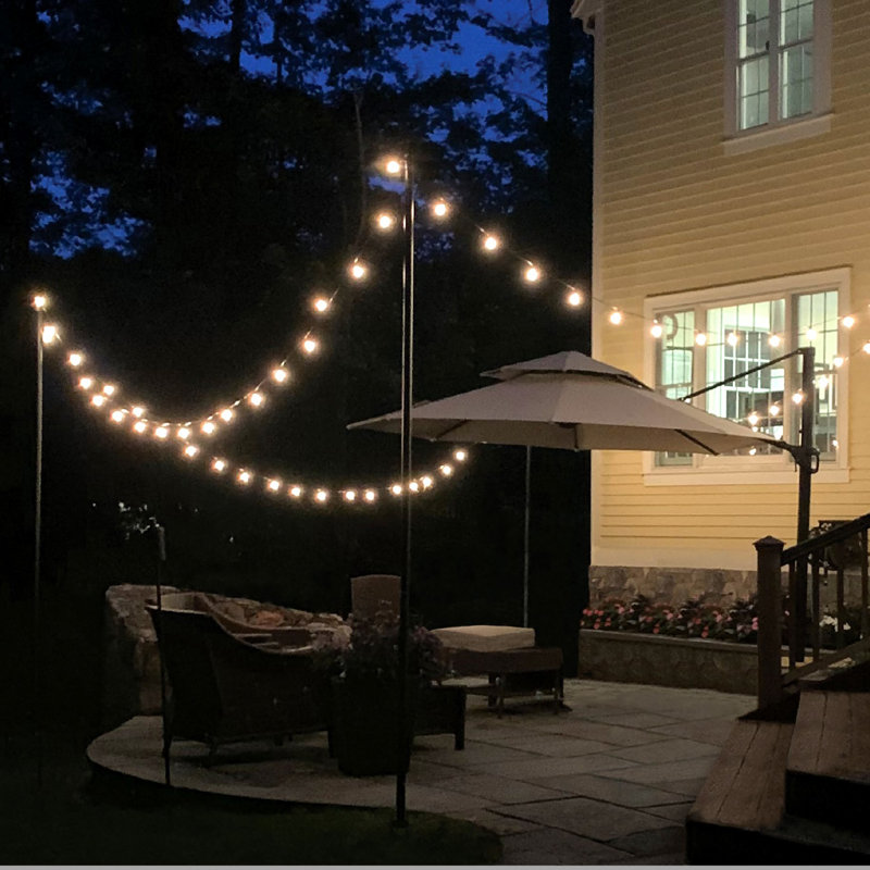 Arlmont & Co. Bistro Light pole Kit, Extends To 10 Ft Tall, Versatile Yard Stake Base, 3 Predrilled Holes, Steel Construction, Black Powder-Coated Finish