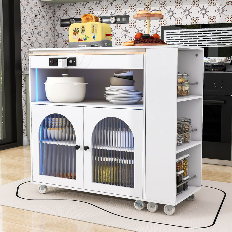 Modern Rolling Kitchen Island Cart with Built-in Charging Station, LED Lighting and Ample Storage, White