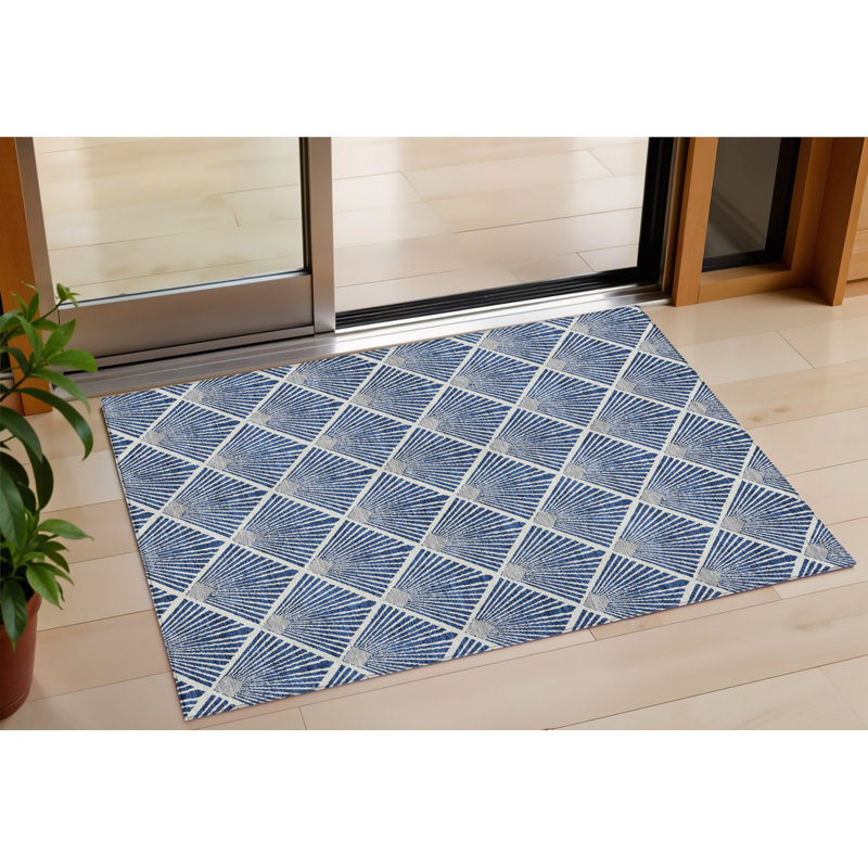 HomeRoots 3' X 5' Navy Blue Gray And Ivory Geometric Washable Indoor Outdoor Area Rug