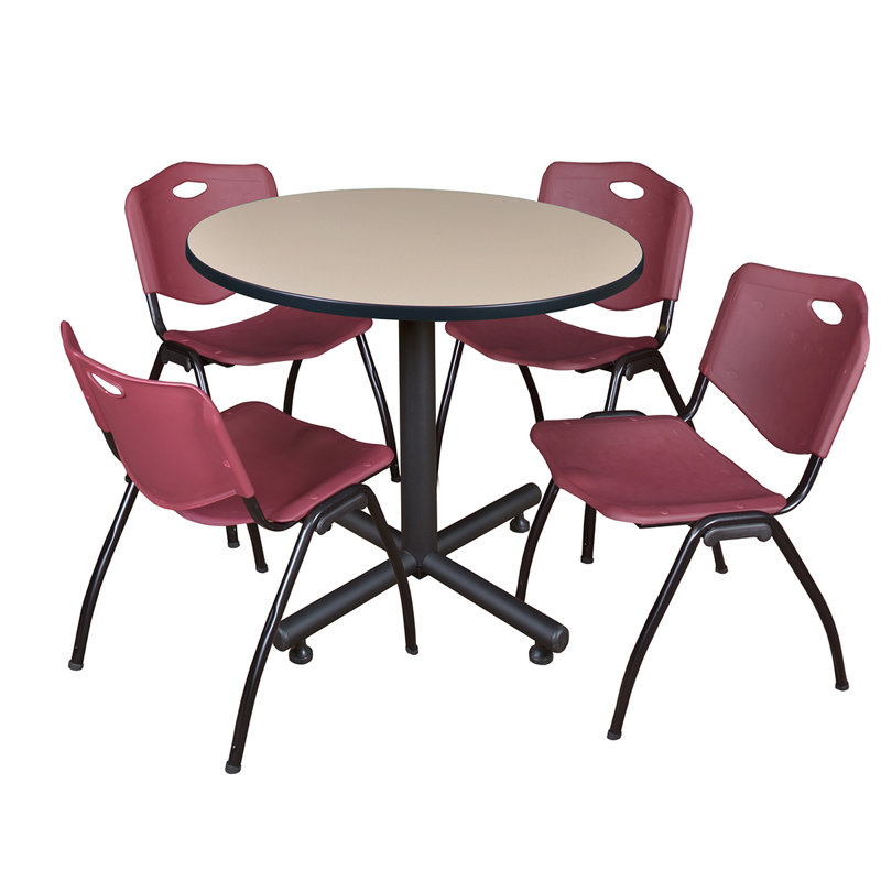 Regency Kobe Round X-Base Breakroom Table, 4 M Stack Chairs, Cherry, Burgundy