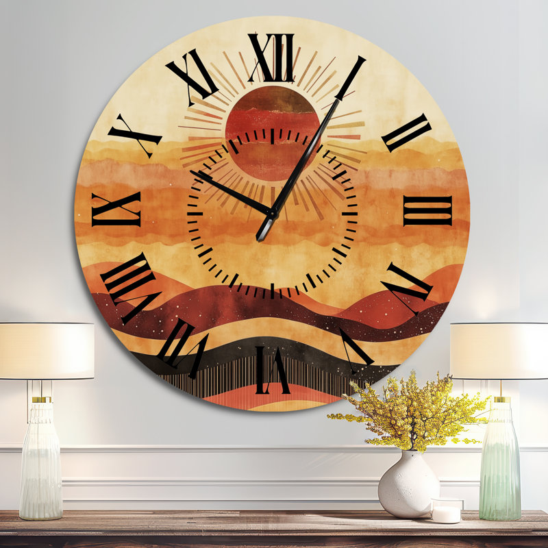 Horloge murale ronde abstraite en métal « Coucher de soleil sur l'horizon atomique », Surdimensionné