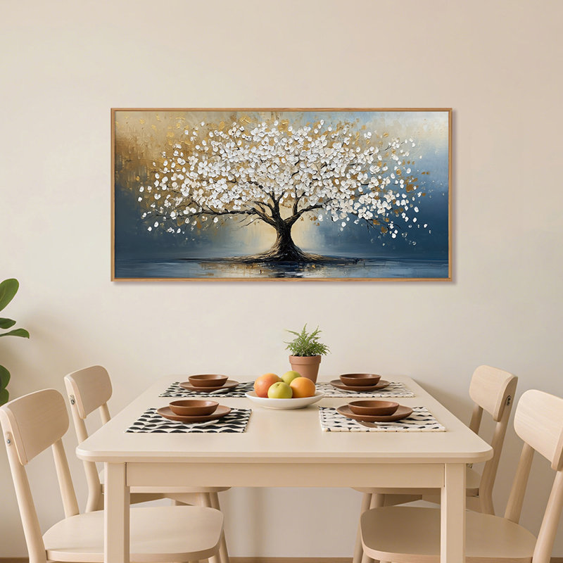 Large Artistic Tree Of Life Canvas Wall Art, White Blossom Flower Tree Wall Decor Framed, Boho Life Tree Art, Abstract Blue Golden Tree And White Floral Painting Home Decor For Office Bedroom Living Room Dining Room, 20"x40" Perfect Ideal Gift