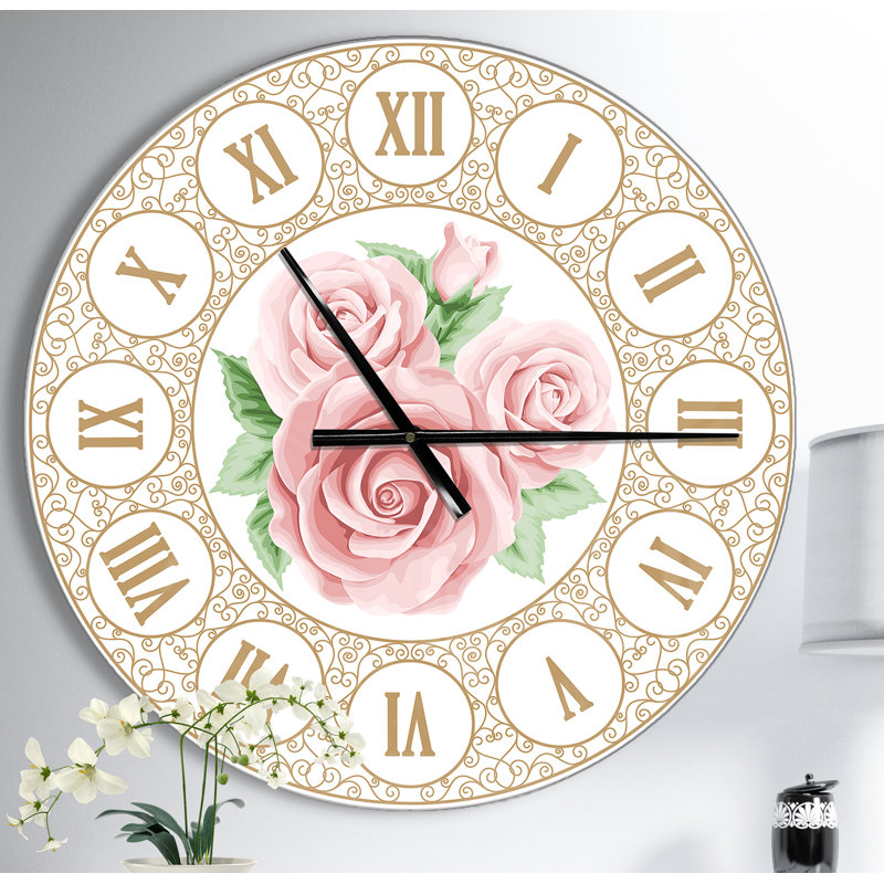 Horloge murale moderne dessiné à la main roses élégantes rétro - moderne, Moyen