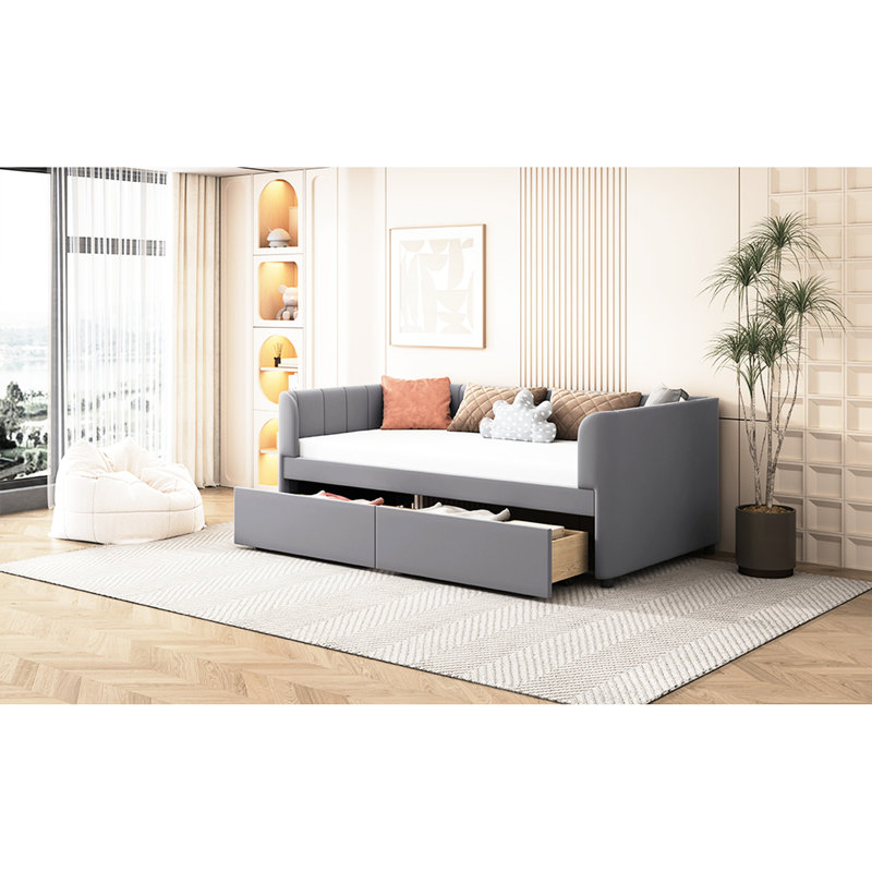 Lit de jour simple avec 2 tiroirs gris ergonomiques et ergonomiques pour une chambre à coucher bien rangée, Gris