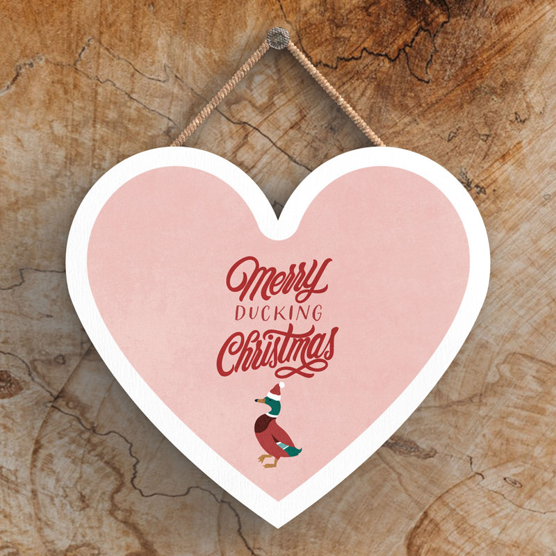 Xmas Merry Ducking Christmas Wooden Heart Plaque, 10cm H x 9cm W x 0.5cm D