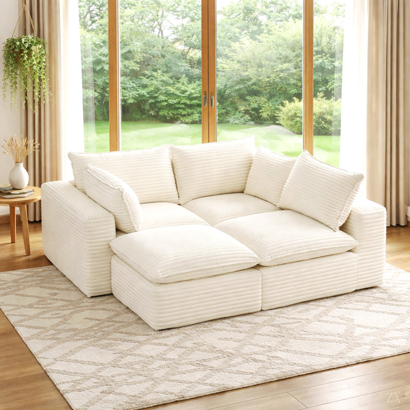 Canapé d'angle modulaire en velours côtelé de 278 cm (109,4 po), canapé infonuagique avec pouf, sans assemblage, Blanc