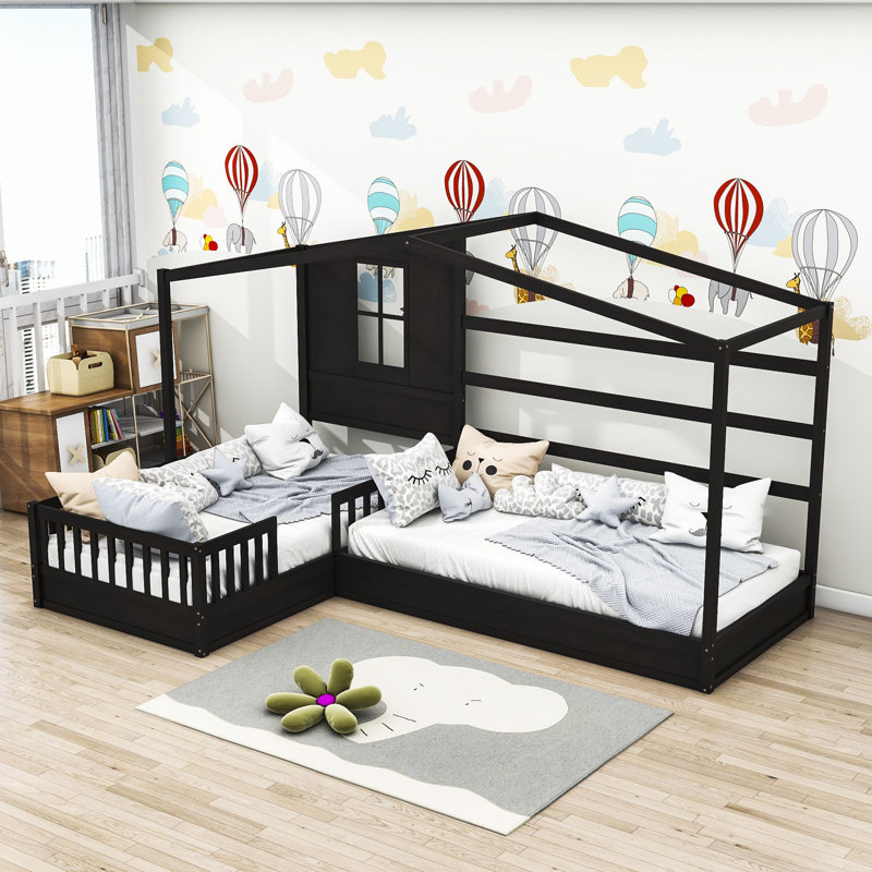 Oakengates Twin Size Wood L-Shaped House Beds with Fence, Espresso