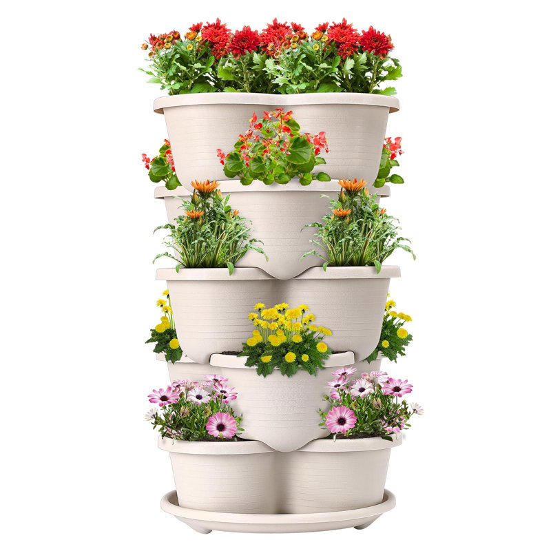 Jardinière empilable verticale à 5 niveaux pour fraises, fleurs, herbes, légumes et ivoire
