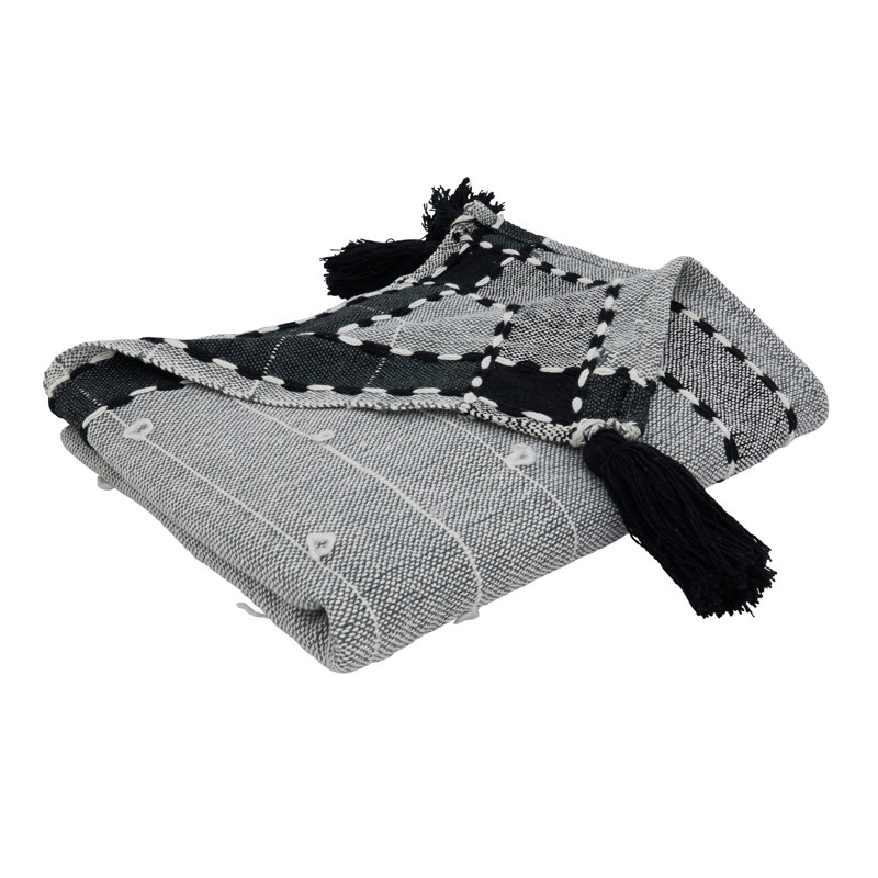 Black and White Cotton Acrylic Banded Border Tassel Throw Blanket