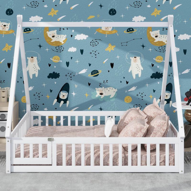 Lit double de style Montessori avec clôture et porte, Gris