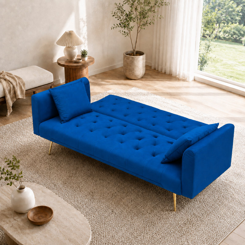 Canapé moderne en velours capitonné avec pieds dorés, Bleu