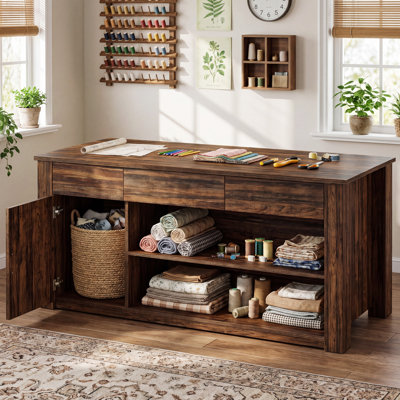 Table à coudre de 70,87 po avec tiroirs, armoire et tablettes de rangement, station de travail polyvalente pour la courtepointe, passe-temps