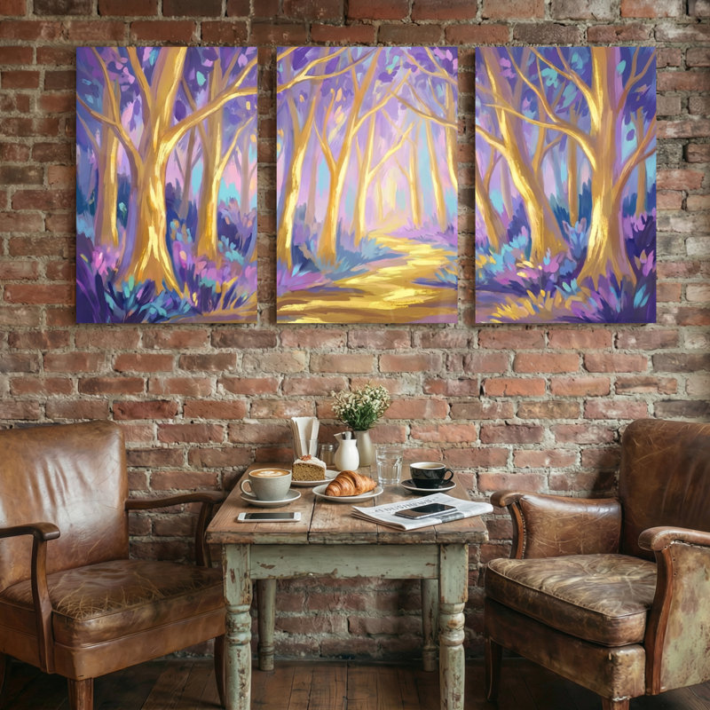 Abstrait chemin doré à travers les arbres de la forêt mauve, ensemble de 3 impressions sur toile, H 36 po x l 72 po