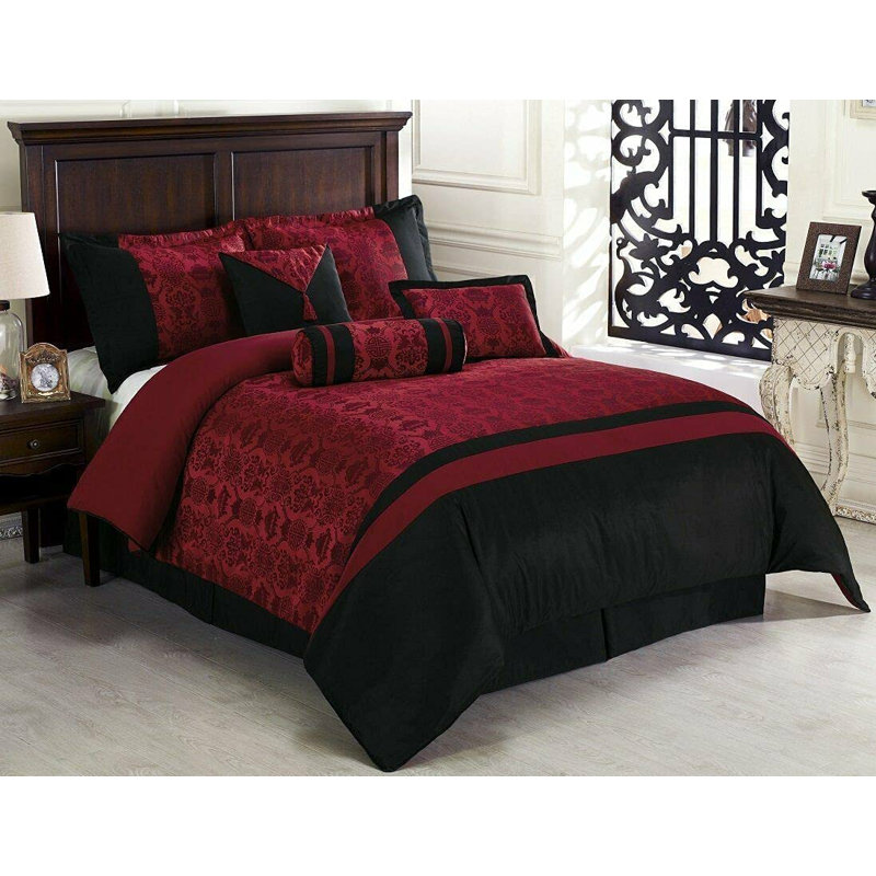 Full Red and Black Jacquard 7-Piece Comforter Set
