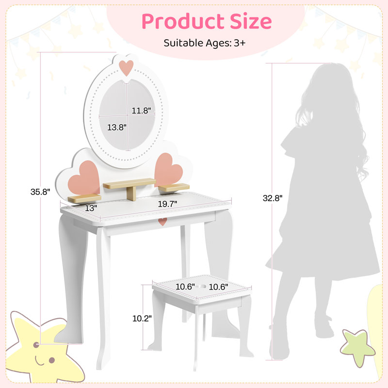 Kids Vanity Set With Mirror And Chair, 2-in-1 Convertible Vanity Table With Storage, Toddler Makeup Toy With 8 Pcs Accessories For Pretend Play, Gift For Girls 3 Year Old(white)