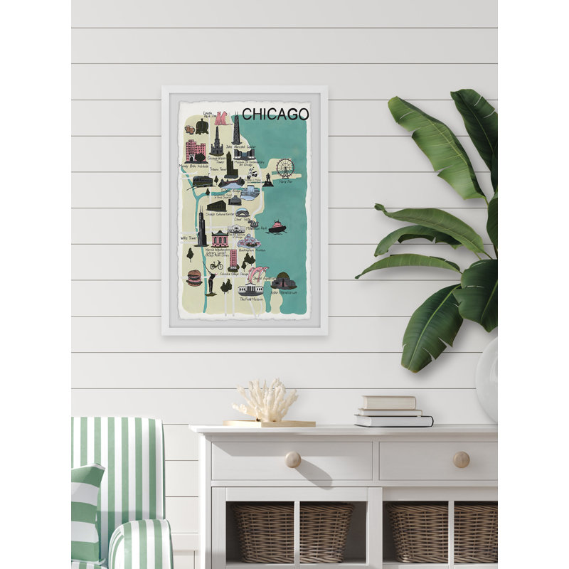 Carte illustrée de Chicago, reproduction d'art graphique sur papier, H 45 po x l 30 po x P 1,5 po