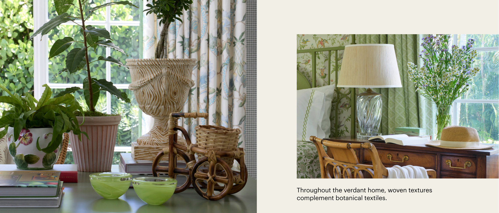 Throughout the verdant home, woven textures complement botanical textiles.
