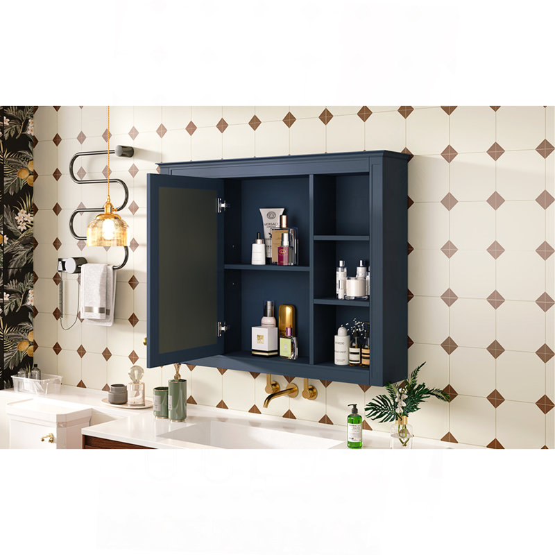 Armoire de salle de bain murale moderne avec plusieurs tablettes ouvertes et miroir, Bleu