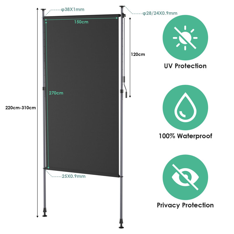 Clamp Awning Vertical Awning, Vertical Awning Balcony Outdoor Extendable, No Drilling, Vertical Awning With Hand Crank, Privacy Screen, Sun Protection, Wind Protection, For Balcony, Grey