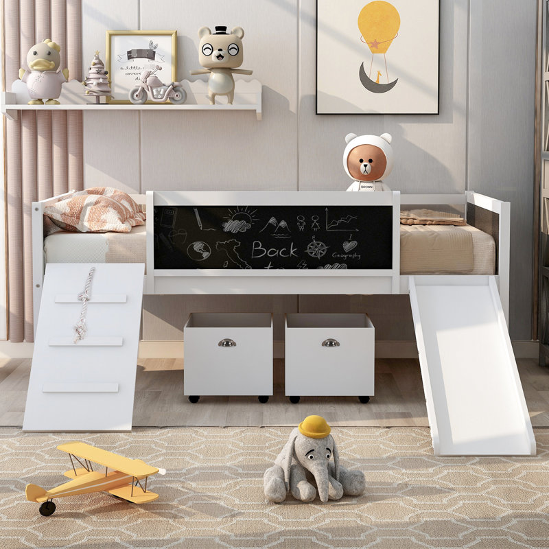 Twin Loft Bed White With Extra Storage. Climbing Frame For Fun And Physical Activity. Solid Pine Wood Long-Term Durability. Double Chalkboard Artistic Exploration Expression. Safe Slide A Great