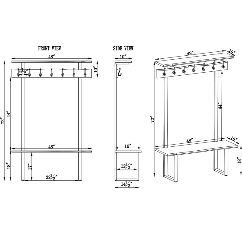 Pomona 48"W 72"H, Acacia Wood, Natural, Hall Tree with Bench, 7 hooks, each with 20 Lbs Capacity