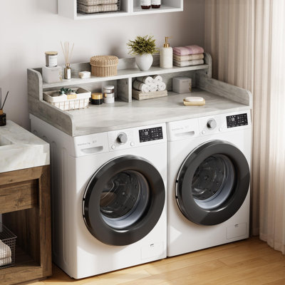 54" Laundry Countertop with 2-Tier Shelf & Guard Rails, Wooden Washer Dryer Topper for Laundry Room