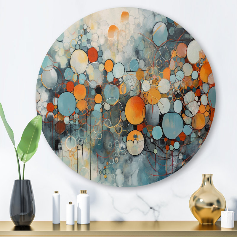 Illusions géométriques orange et bleues - Art mural rond abstrait géométrique sur métal, H 29 po x l 29 po x P 1 po