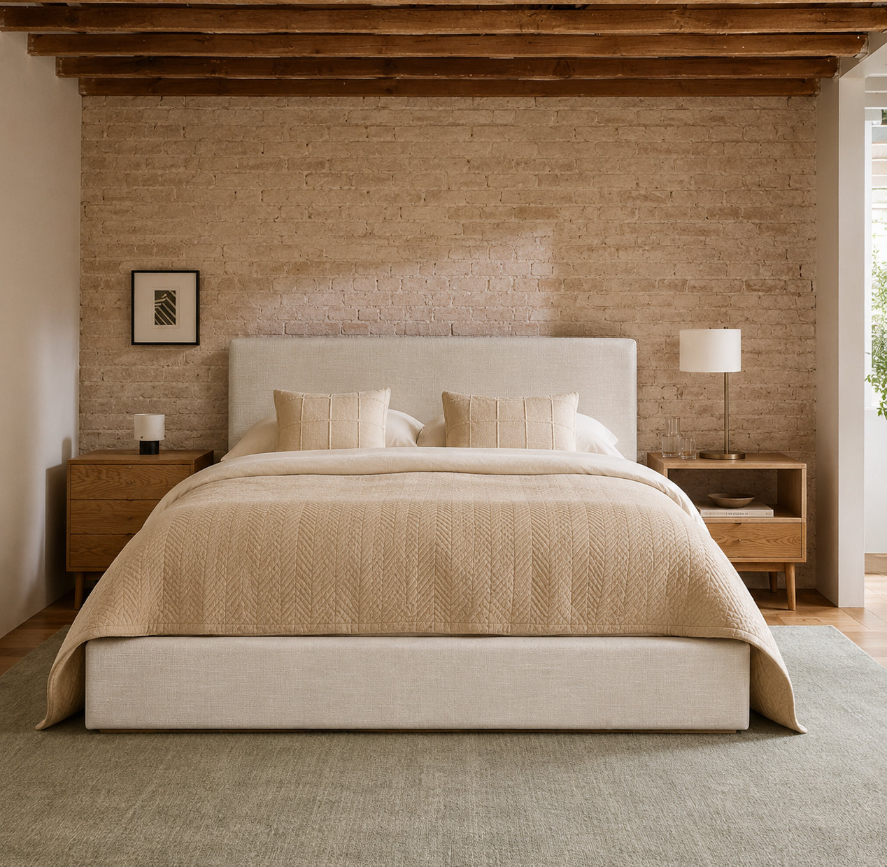 Mele Linen Upholstered Bed, White Linen, Queen