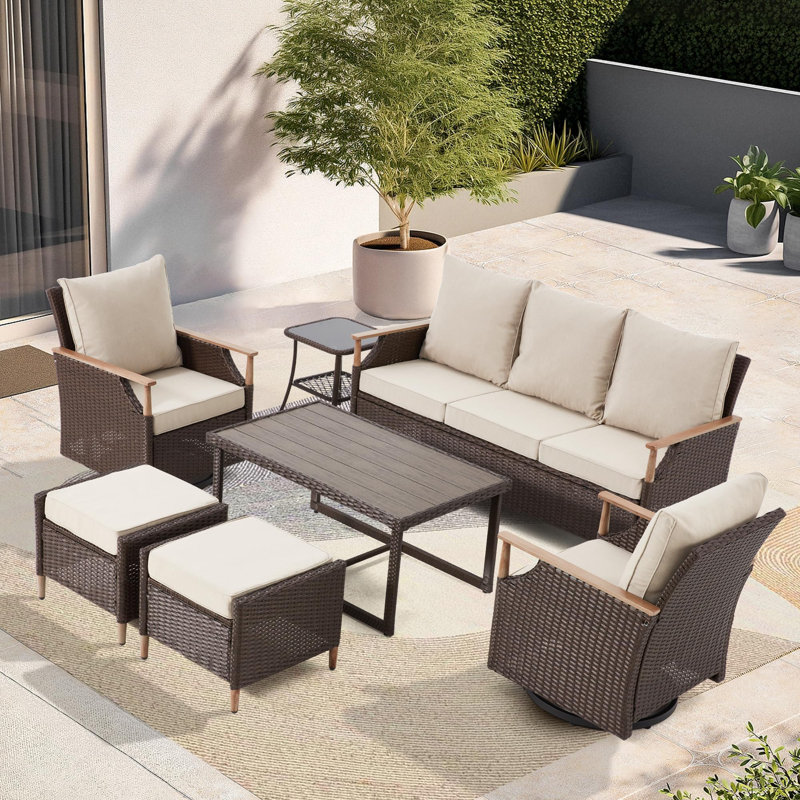 7-Piece Patio Furniture Set with Swivel Chair, Beige
