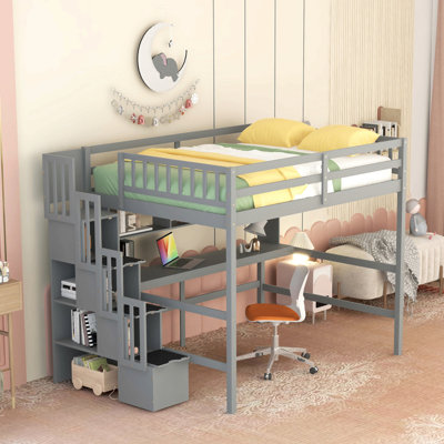 Full Size Loft Bed With Desk, Storage Shelves And Staircase