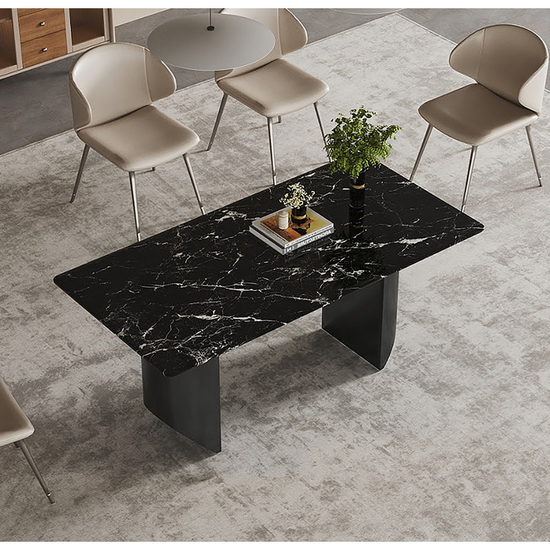 Table de salle à manger luxueuse en marbre texturé noir avec pieds en acier inoxydable - durable et élégante, Noir