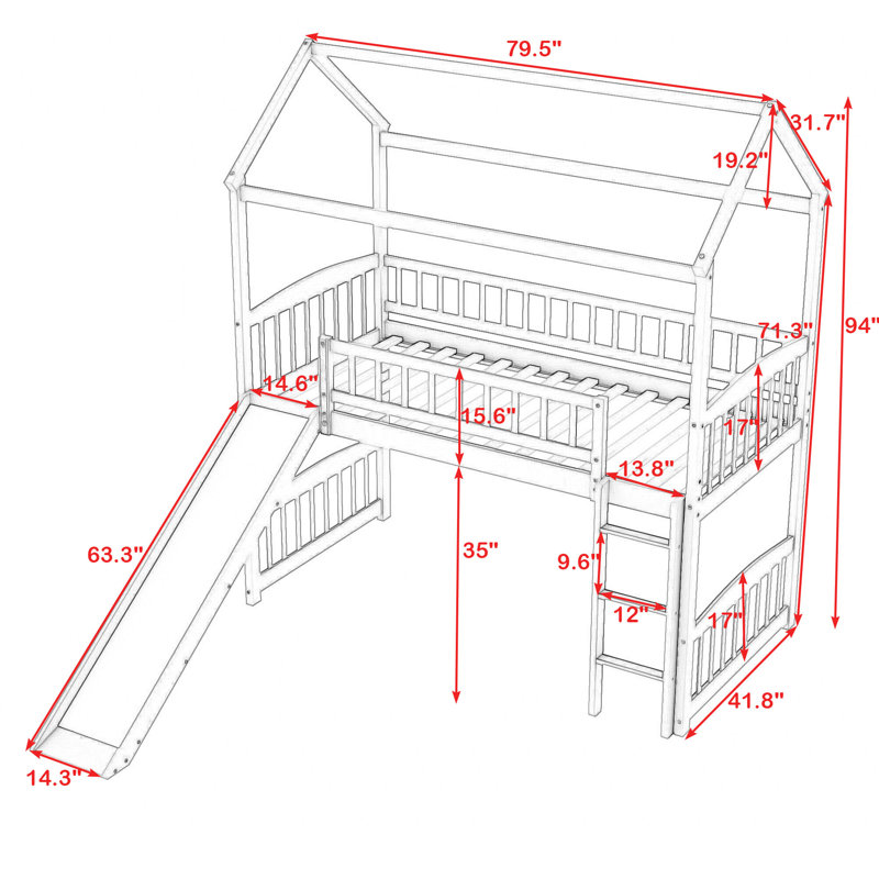Lit mezzanine simple avec glissade Ortiz Kids, Blanc