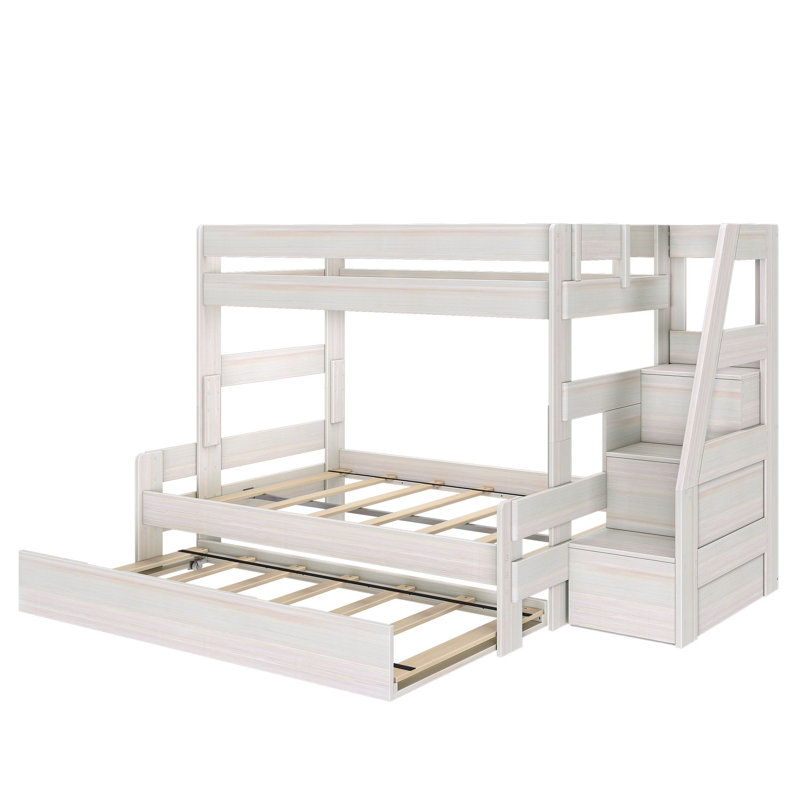 Lit superposé de style campagne moderne avec escalier et lit gigogne, Jumeaux sur complet, Blanc délavé