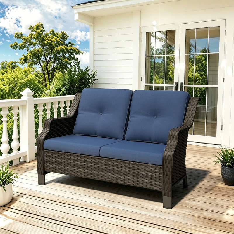 Tomball 50'' Wide Straight Wicker Loveseat with Cushions, Navy