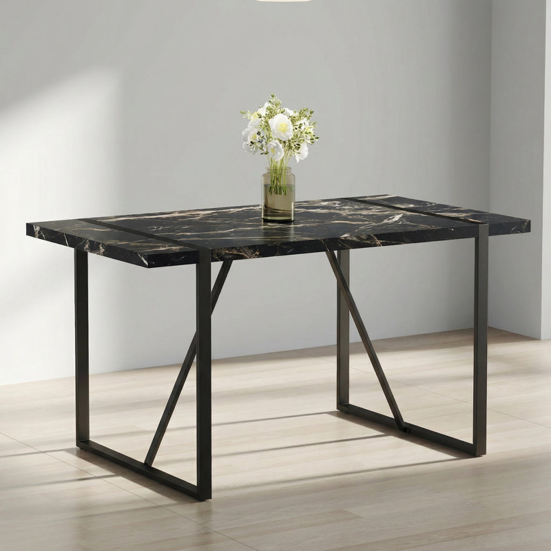 Vesta Modern 55" Rectangular Dining Table, Black Faux Marble Tabletop with Sturdy Metal Sled Base for Kitchen & Dining Room